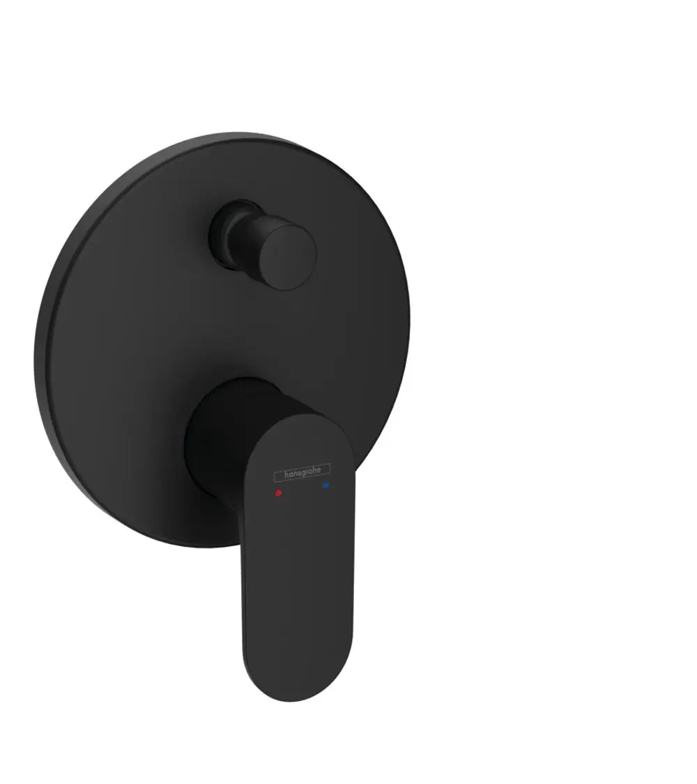 Schwarzer Einhebelmischer von Hansgrohe mit runder Wandplatte und zwei Bedienelementen für Temperatur und Wasserfluss. Ideal für eine Unterputzinstallation.